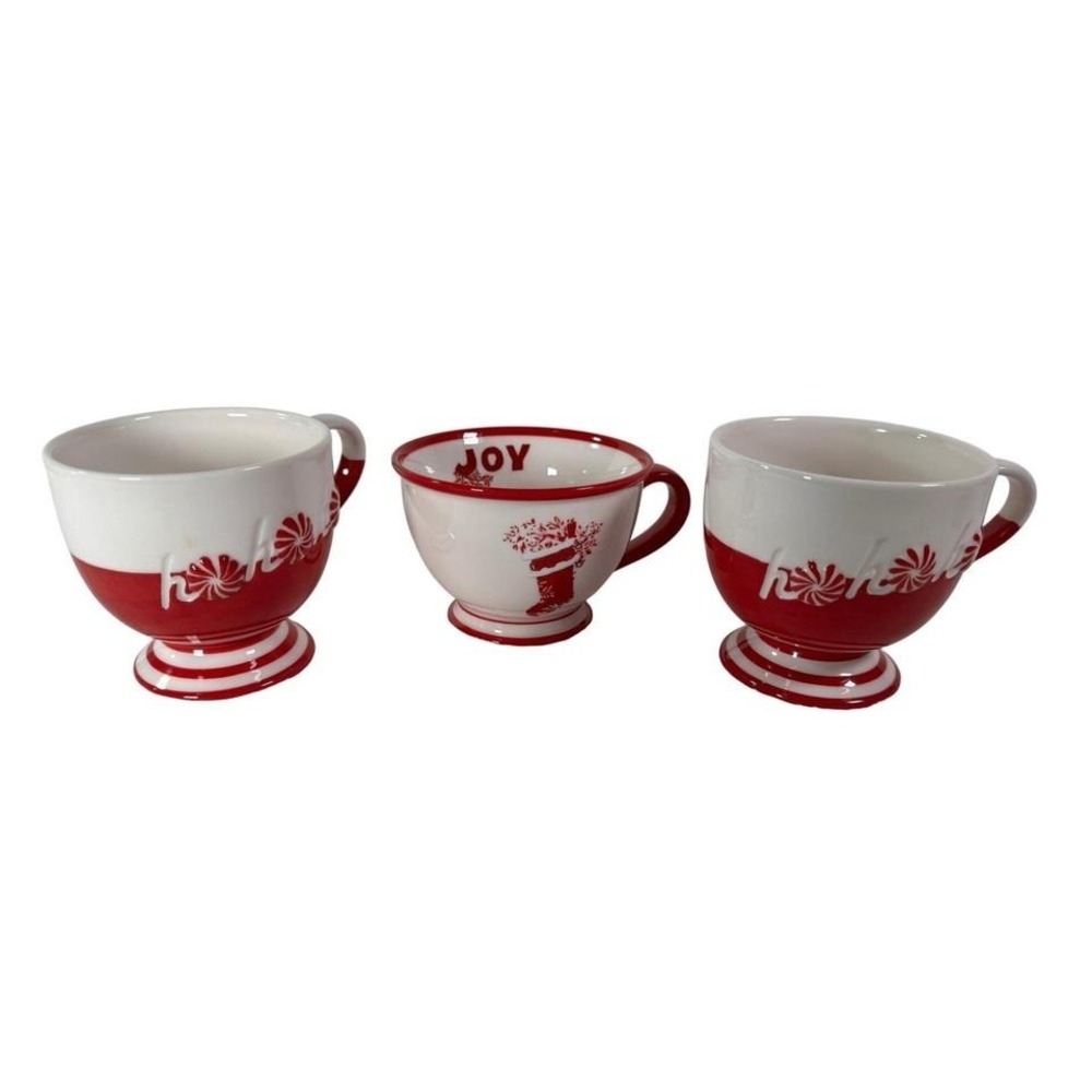 Starbucks 2007 Holiday Mug Set of 3 Ho Ho Joy Red White Peppermint Footed 10oz